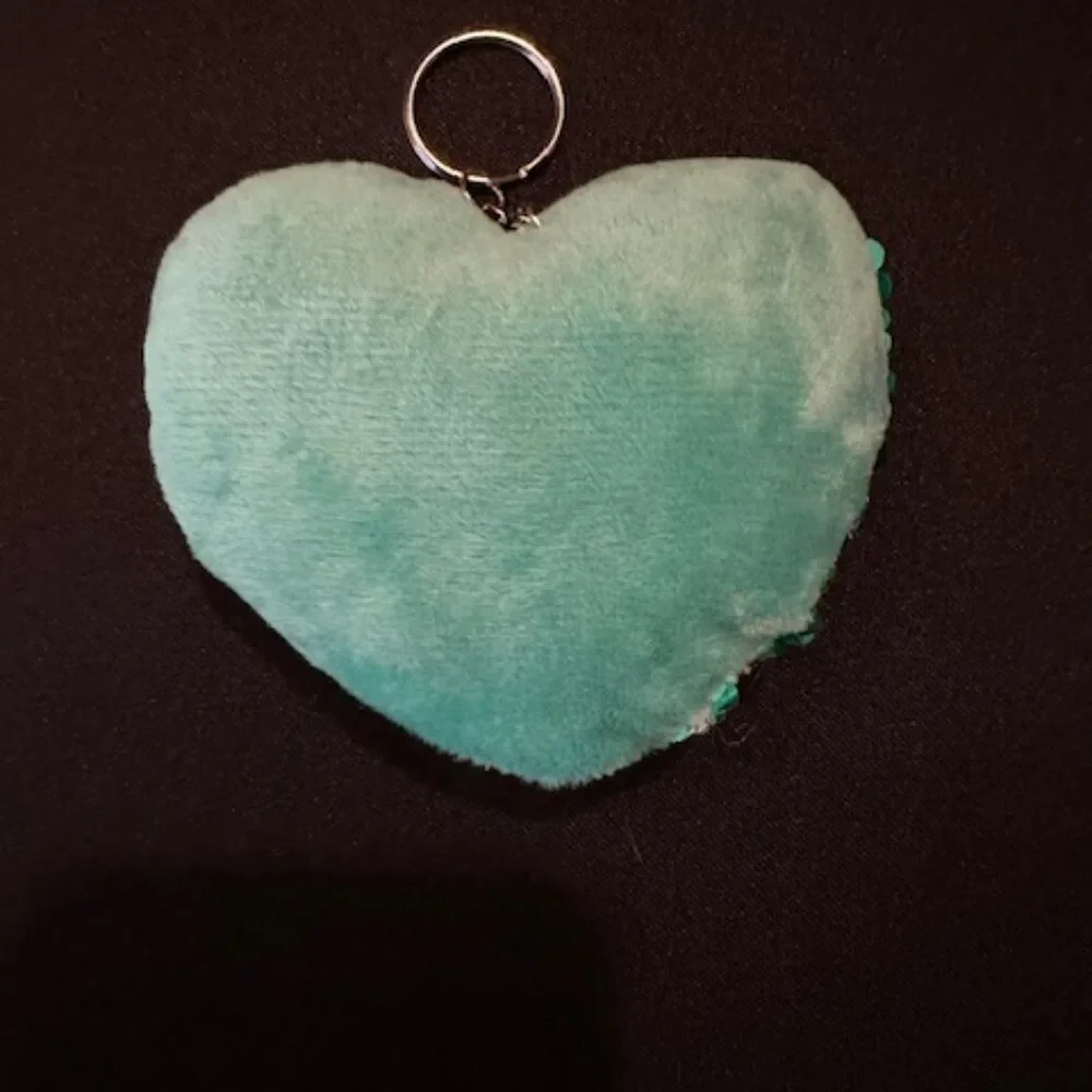Teal / Silver Sequin Heart Key Chain  7918